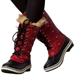 Sorel Tofino Snow Boots WATERPROOF Lace Faux Fur Mid Calf Coated Canvas Chili 9